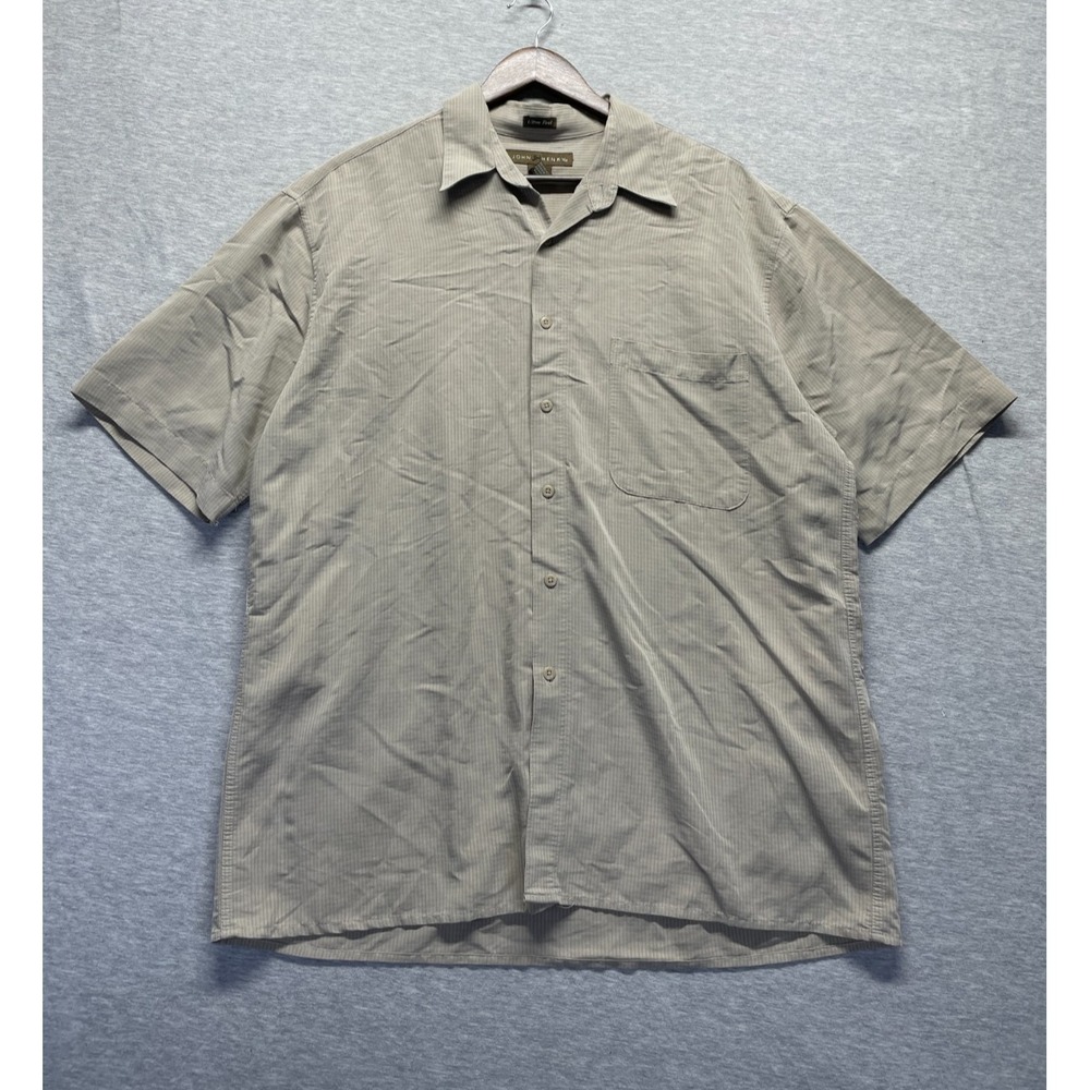 John Henry Ultra Feel Shirt Mens Large Beige Striped Viscose Pleated Button Up